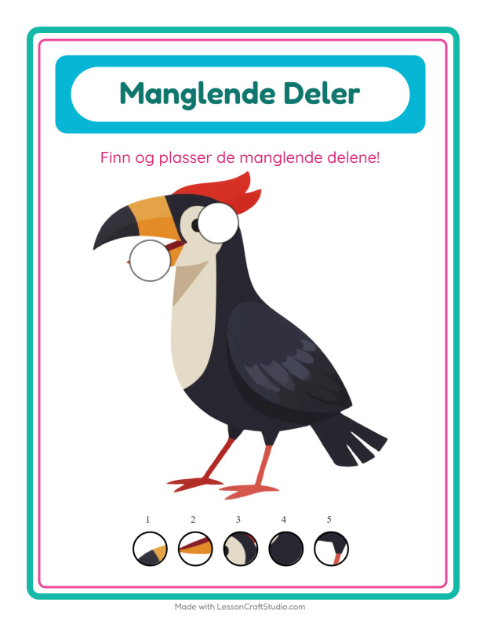 Forhåndsvisning av Manglende Brikker-arbeidsark med Fugler for Barnehage (5-7 år)