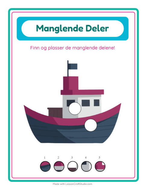 Forhåndsvisning av Manglende Brikker-arbeidsark med Kjøretøy for Barnehage (5-7 år)