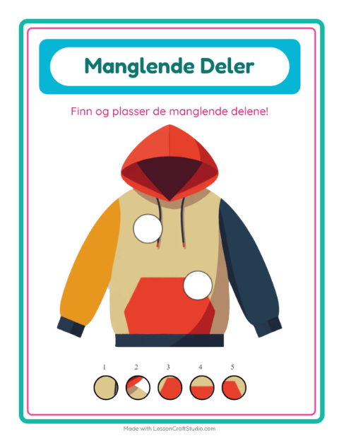 Forhåndsvisning av Manglende Brikker-arbeidsark med Klær for Barnehage (5-7 år)