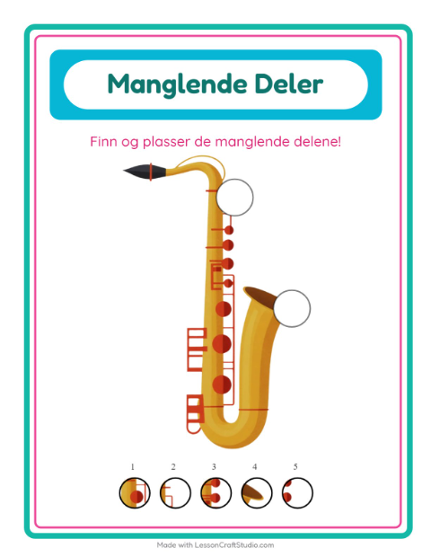 Forhåndsvisning av Manglende Brikker-arbeidsark med Musikk for Barnehage (5-7 år)