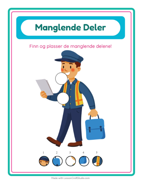 Forhåndsvisning av Manglende Brikker-arbeidsark med Postkontor for Barnehage (5-7 år)