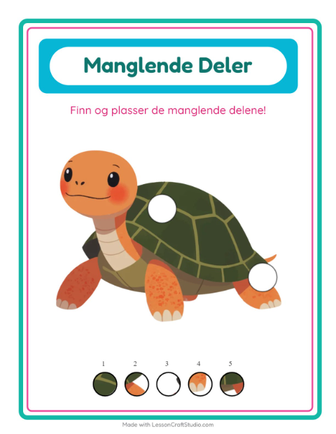 Forhåndsvisning av Manglende Brikker-arbeidsark med Reptiler og amfibier for Barnehage (5-7 år)