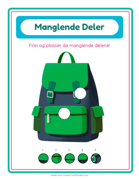 Forhåndsvisning av Manglende Brikker-arbeidsark med Tilbehør for Barnehage (5-7 år)