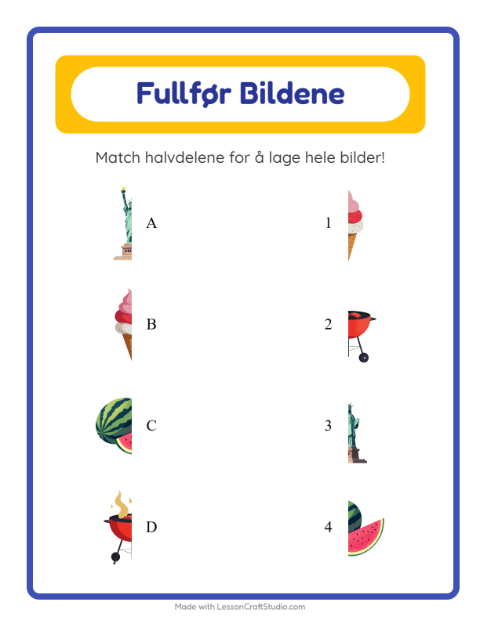 Forhåndsvisning av Match Skygger-arbeidsark med 4. juli for Barnehage (5-7 år)