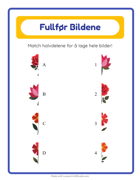 Forhåndsvisning av Match Skygger-arbeidsark med Blomster for Barnehage (5-7 år)