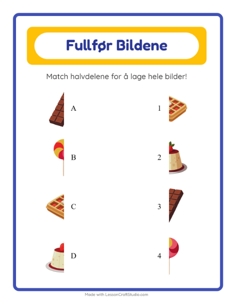 Forhåndsvisning av Match Skygger-arbeidsark med Desserter og godteri for Barnehage (5-7 år)