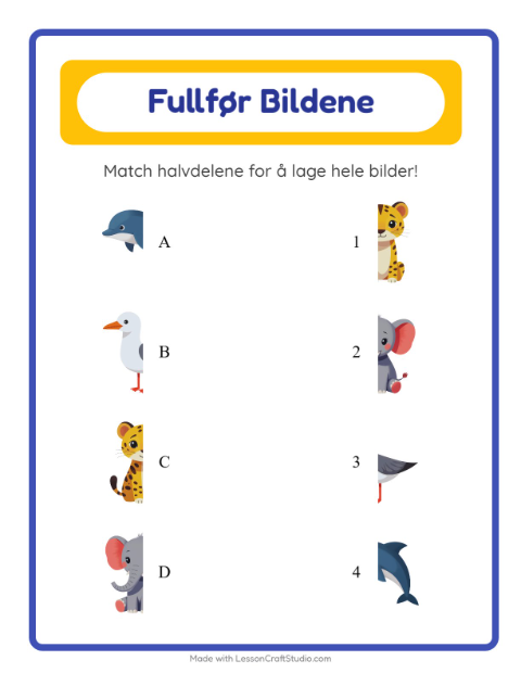 Forhåndsvisning av Match Skygger-arbeidsark med Dyr for Barnehage (5-7 år)