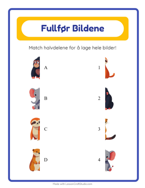 Forhåndsvisning av Match Skygger-arbeidsark med Dyrehagedyr for Barnehage (5-7 år)