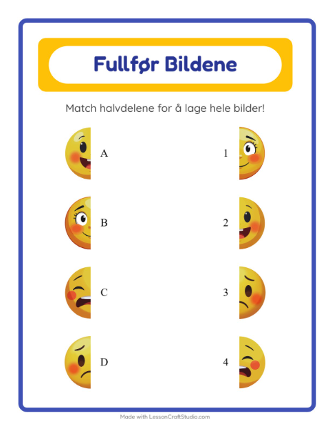 Forhåndsvisning av Match Skygger-arbeidsark med Følelser for Barnehage (5-7 år)
