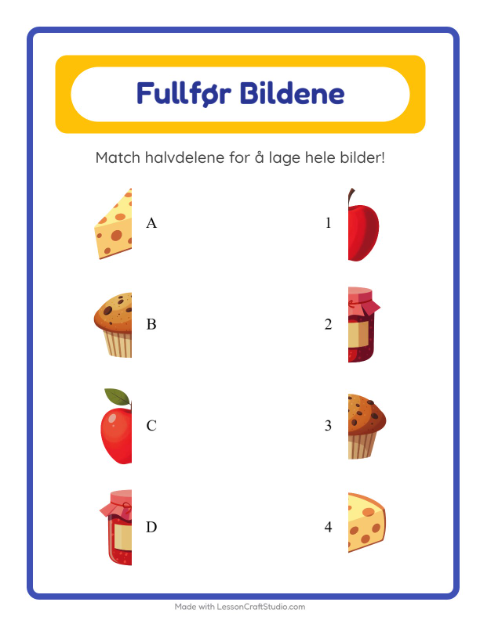 Forhåndsvisning av Match Skygger-arbeidsark med Frokost for Barnehage (5-7 år)