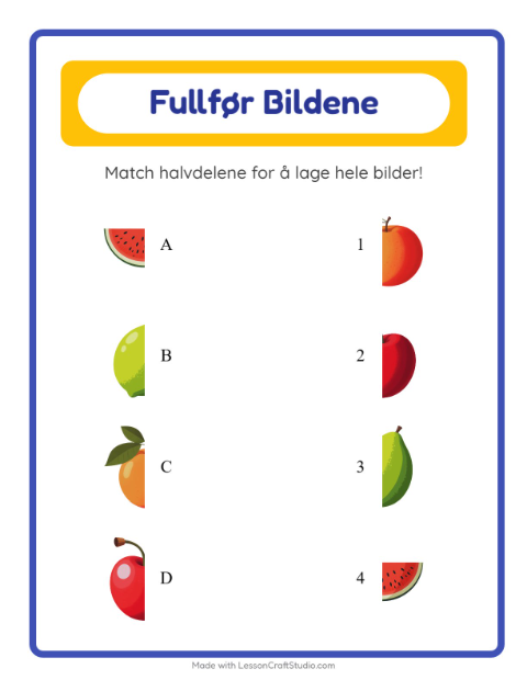 Forhåndsvisning av Match Skygger-arbeidsark med Frukter for Barnehage (5-7 år)