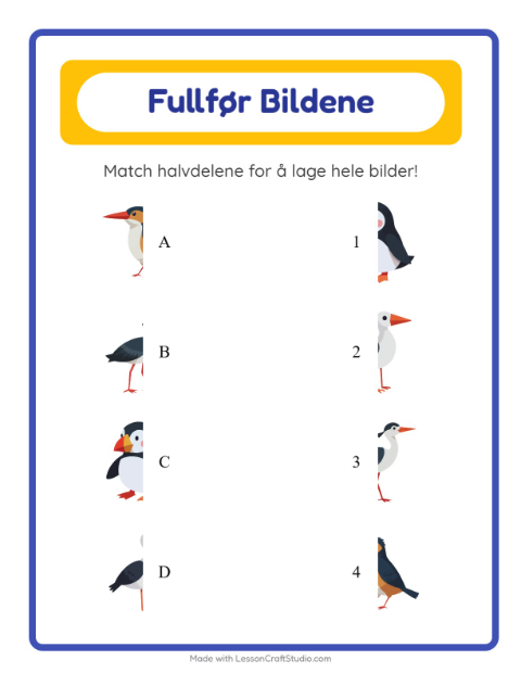 Forhåndsvisning av Match Skygger-arbeidsark med Fugler 2 for Barnehage (5-7 år)