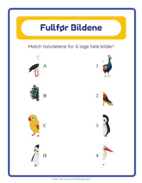 Forhåndsvisning av Match Skygger-arbeidsark med Fugler for Barnehage (5-7 år)