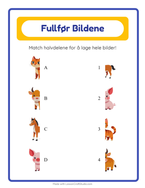 Forhåndsvisning av Match Skygger-arbeidsark med Gårdsdyr for Barnehage (5-7 år)