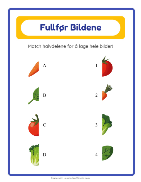 Forhåndsvisning av Match Skygger-arbeidsark med Grønnsaker for Barnehage (5-7 år)