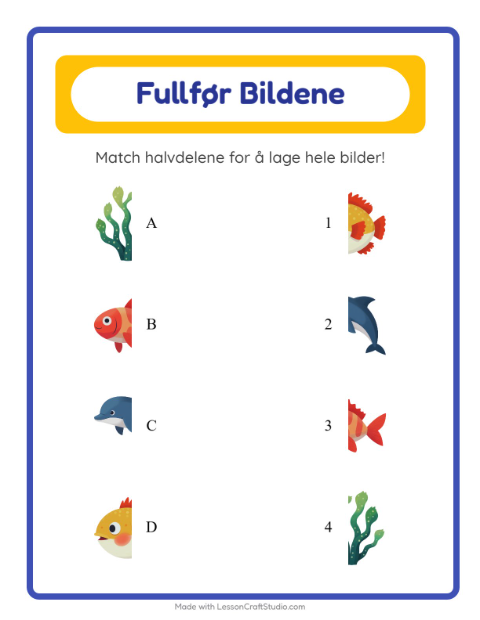 Forhåndsvisning av Match Skygger-arbeidsark med Havliv for Barnehage (5-7 år)