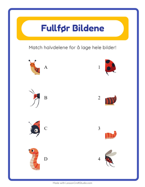 Forhåndsvisning av Match Skygger-arbeidsark med Insekter og kryp for Barnehage (5-7 år)
