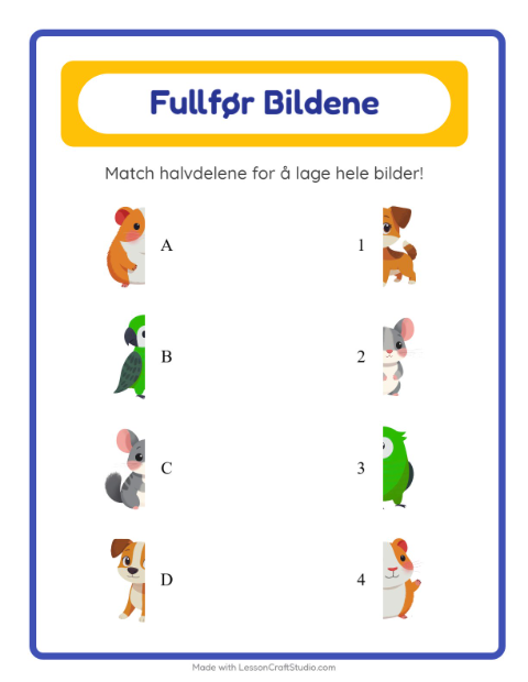 Forhåndsvisning av Match Skygger-arbeidsark med Kjæledyr for Barnehage (5-7 år)