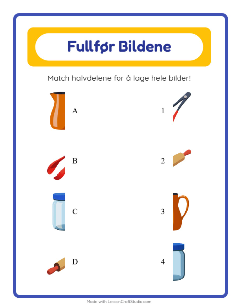 Forhåndsvisning av Match Skygger-arbeidsark med Kjøkkenredskaper for Barnehage (5-7 år)