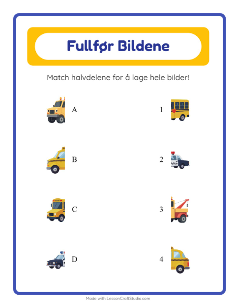 Forhåndsvisning av Match Skygger-arbeidsark med Kjøretøy for Barnehage (5-7 år)