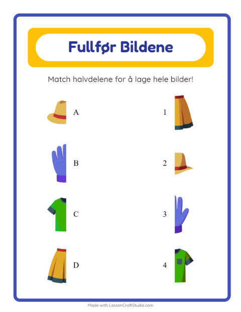 Forhåndsvisning av Match Skygger-arbeidsark med Klær for Barnehage (5-7 år)