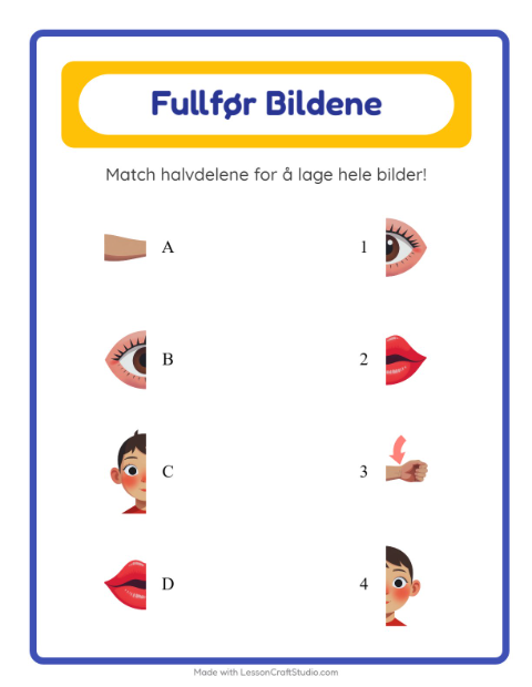 Forhåndsvisning av Match Skygger-arbeidsark med Kroppsdeler for Barnehage (5-7 år)