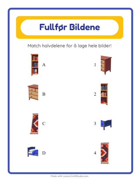 Forhåndsvisning av Match Skygger-arbeidsark med Møbler for Barnehage (5-7 år)