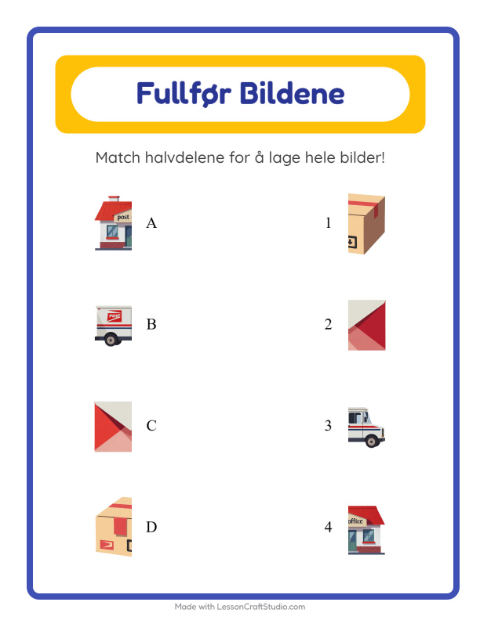 Forhåndsvisning av Match Skygger-arbeidsark med Postkontor for Barnehage (5-7 år)