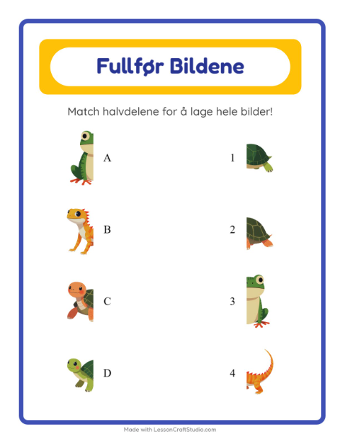 Forhåndsvisning av Match Skygger-arbeidsark med Reptiler og amfibier for Barnehage (5-7 år)