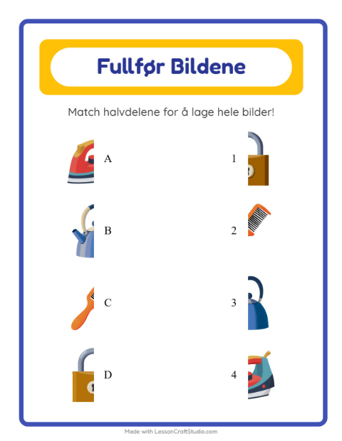 Forhåndsvisning av Match Skygger-arbeidsark med Rundt i huset for Barnehage (5-7 år)
