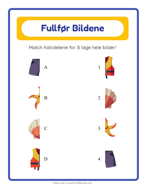Forhåndsvisning av Match Skygger-arbeidsark med Sommer for Barnehage (5-7 år)