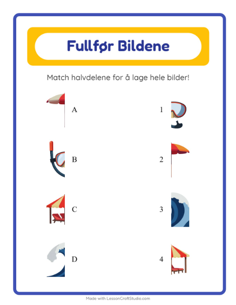 Forhåndsvisning av Match Skygger-arbeidsark med Strand for Barnehage (5-7 år)