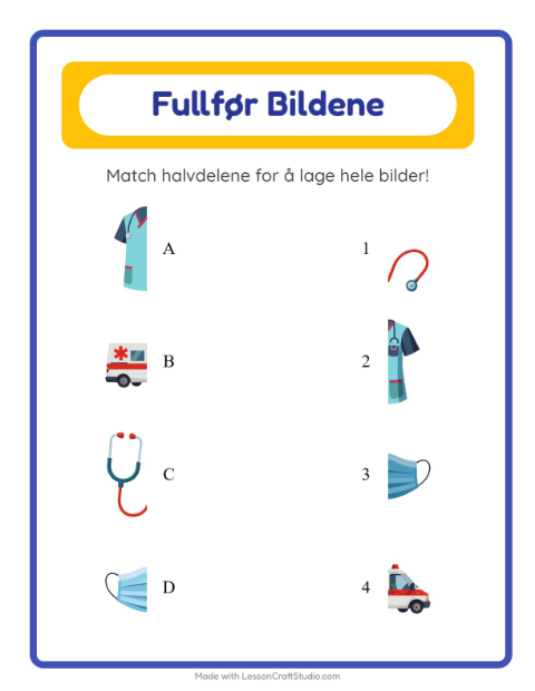 Forhåndsvisning av Match Skygger-arbeidsark med Sykehus for Barnehage (5-7 år)