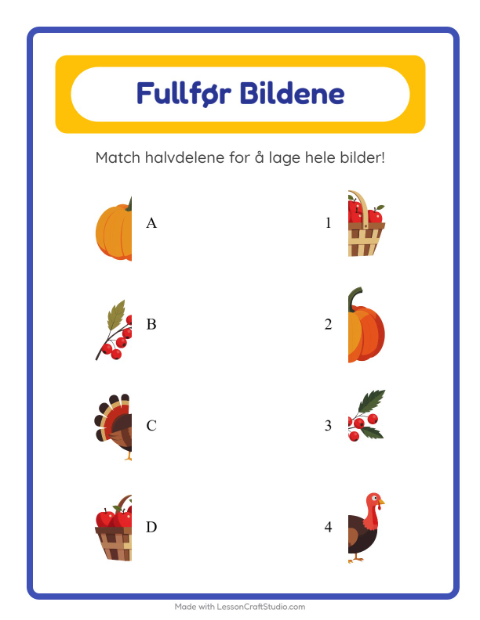 Forhåndsvisning av Match Skygger-arbeidsark med Thanksgiving for Barnehage (5-7 år)