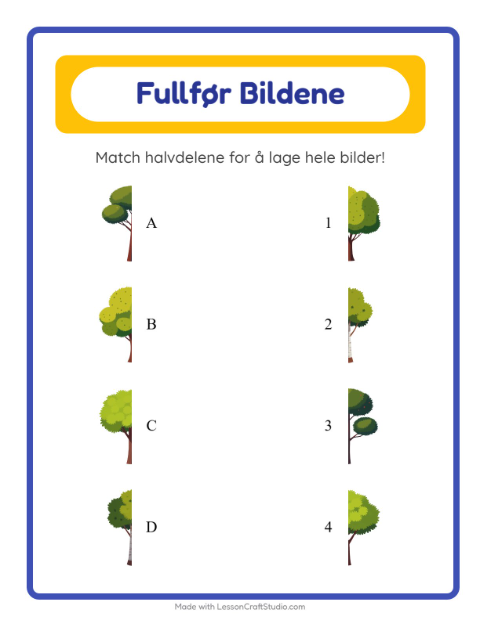 Forhåndsvisning av Match Skygger-arbeidsark med Trær for Barnehage (5-7 år)