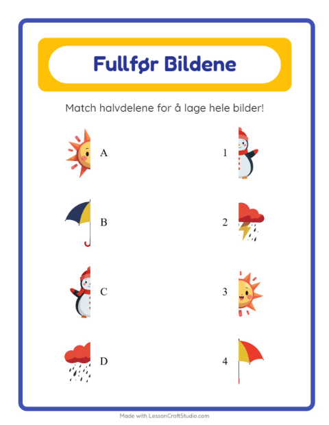 Forhåndsvisning av Match Skygger-arbeidsark med Vær for Barnehage (5-7 år)