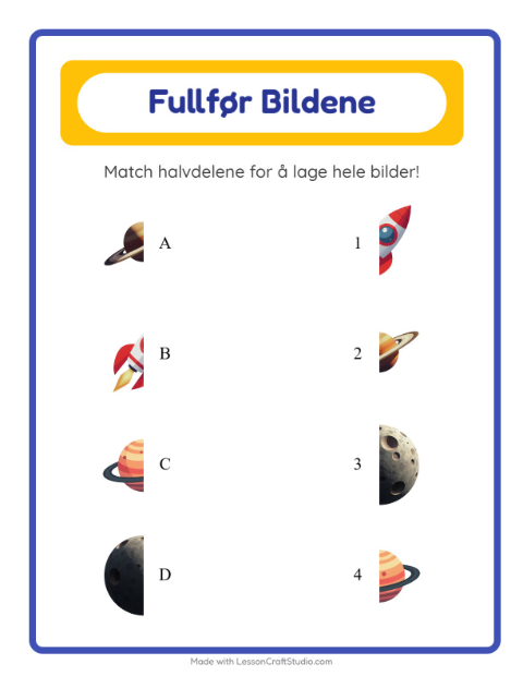 Forhåndsvisning av Match Skygger-arbeidsark med Verdensrommet for Barnehage (5-7 år)