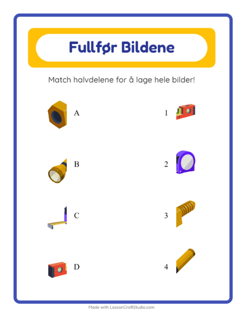 Forhåndsvisning av Match Skygger-arbeidsark med Verktøy for Barnehage (5-7 år)