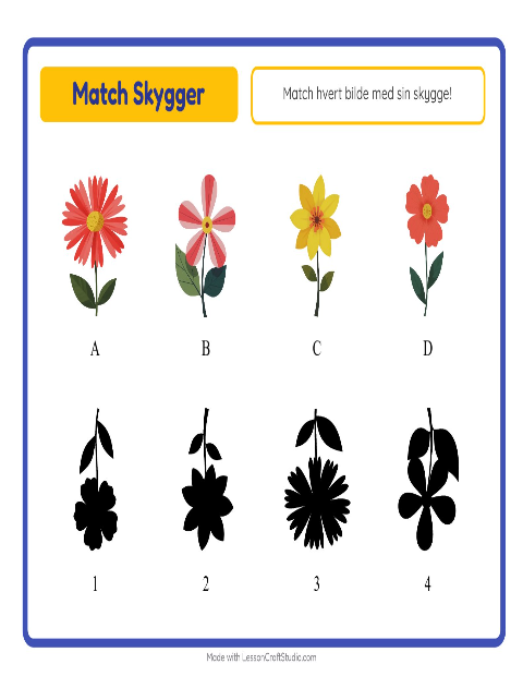 Forhåndsvisning av Match Skygger-arbeidsark med Blomster for Barnehage (5-7 år)