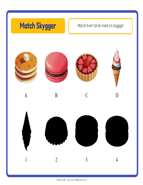 Forhåndsvisning av Match Skygger-arbeidsark med Desserter og godteri for Barnehage (5-7 år)