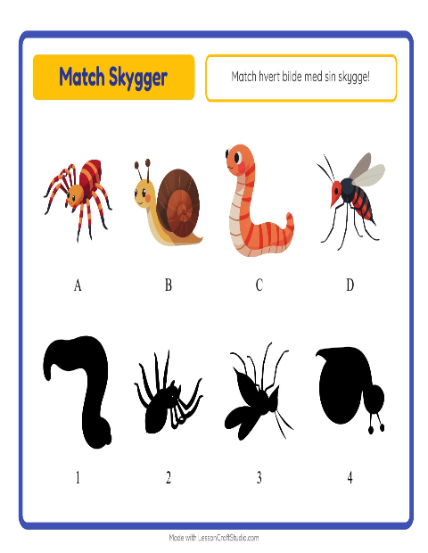 Forhåndsvisning av Match Skygger-arbeidsark med Insekter og kryp for Barnehage (5-7 år)