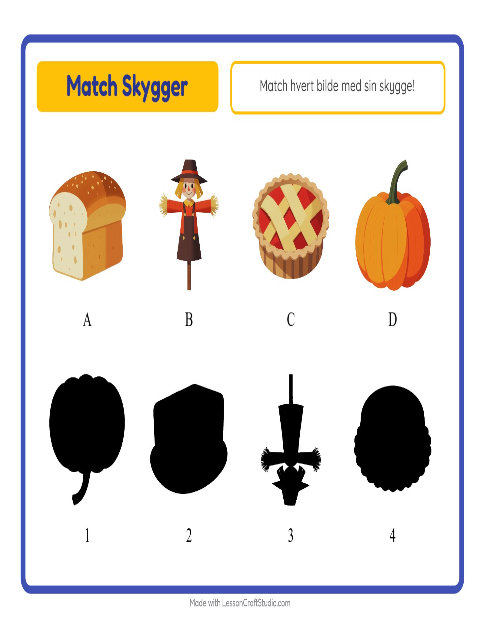 Forhåndsvisning av Match Skygger-arbeidsark med Thanksgiving for Barnehage (5-7 år)