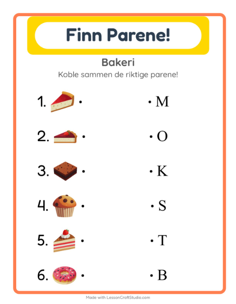 Forhåndsvisning av Matching-arbeidsark med Bakeri for Barnehage (5-7 år)