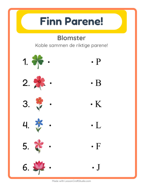 Forhåndsvisning av Matching-arbeidsark med Blomster for Barnehage (5-7 år)