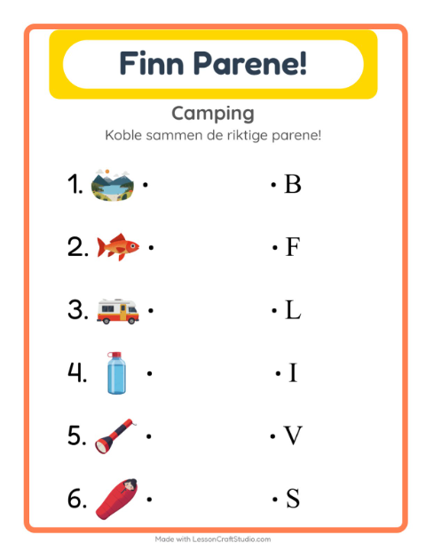 Forhåndsvisning av Matching-arbeidsark med Camping for Barnehage (5-7 år)