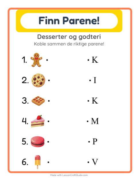 Forhåndsvisning av Matching-arbeidsark med Desserter og godteri for Barnehage (5-7 år)