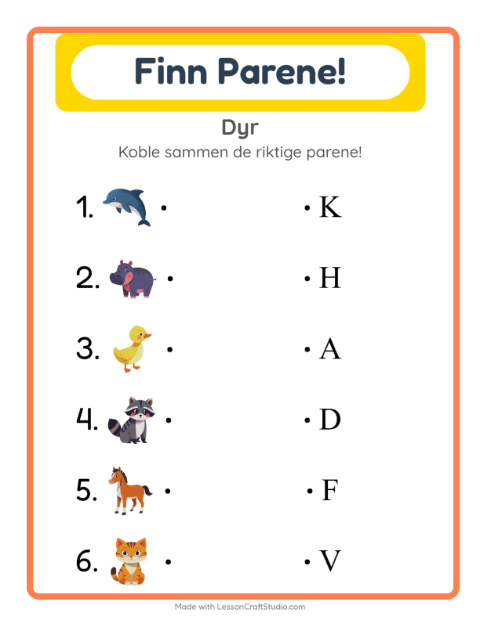 Forhåndsvisning av Matching-arbeidsark med Dyr for Barnehage (5-7 år)