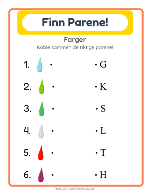 Forhåndsvisning av Matching-arbeidsark med Farger for Barnehage (5-7 år)