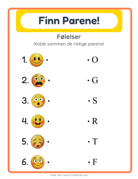 Forhåndsvisning av Matching-arbeidsark med Følelser for Barnehage (5-7 år)