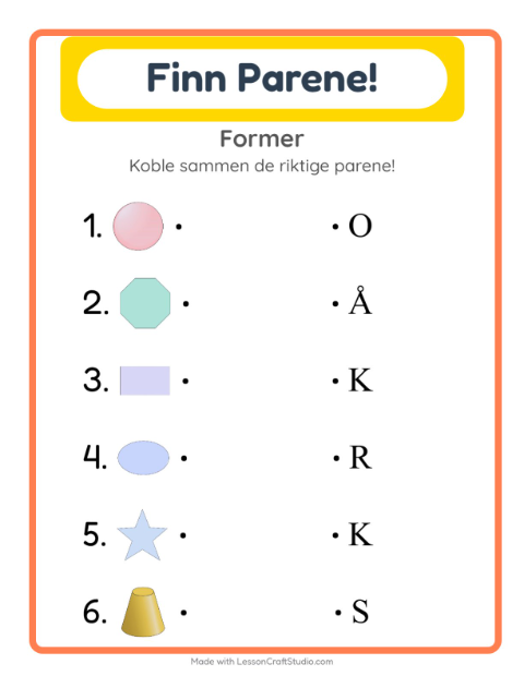 Forhåndsvisning av Matching-arbeidsark med Former for Barnehage (5-7 år)